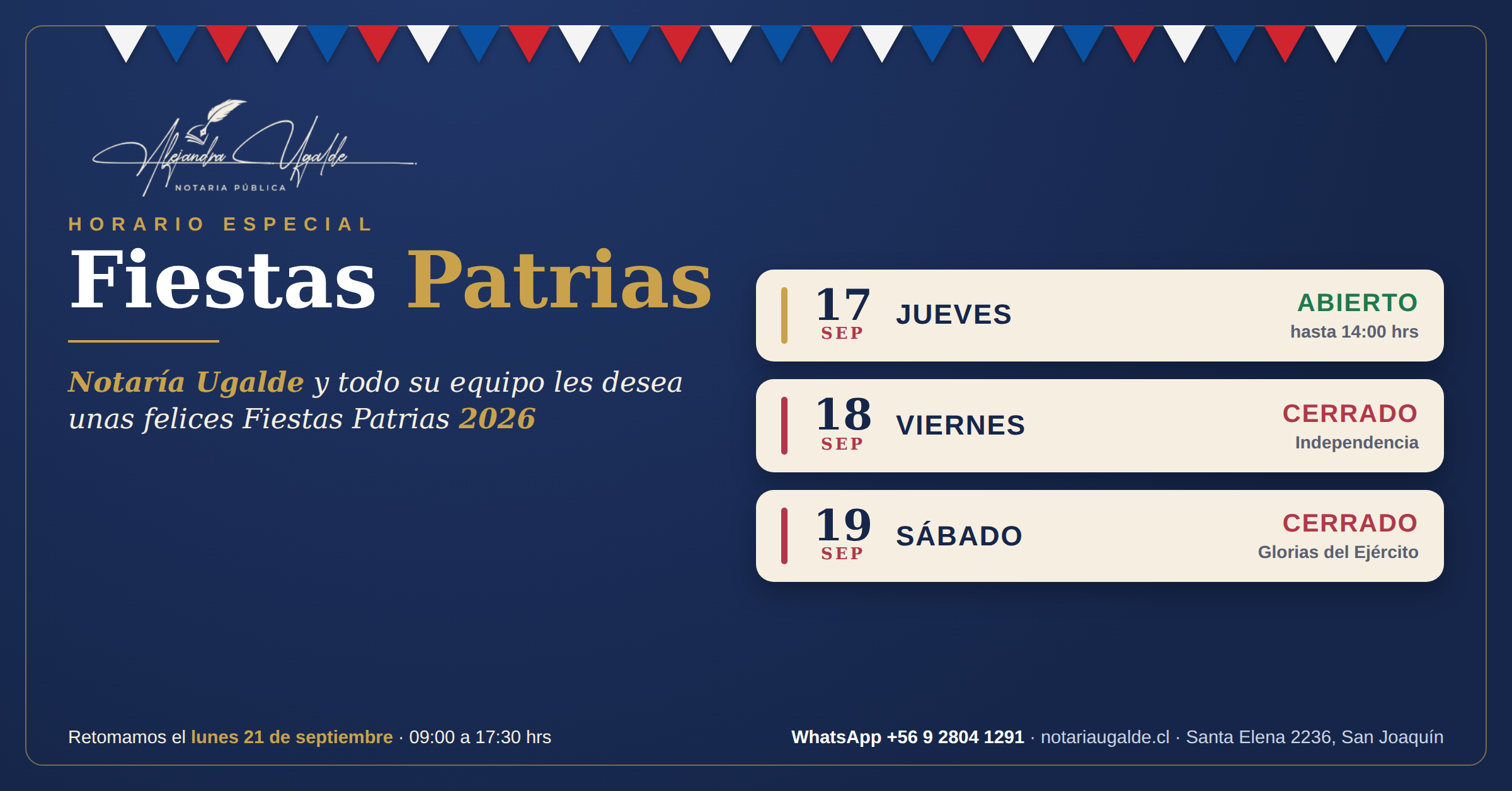 Horario especial de Fiestas Patrias 2026 - Notaria Ugalde